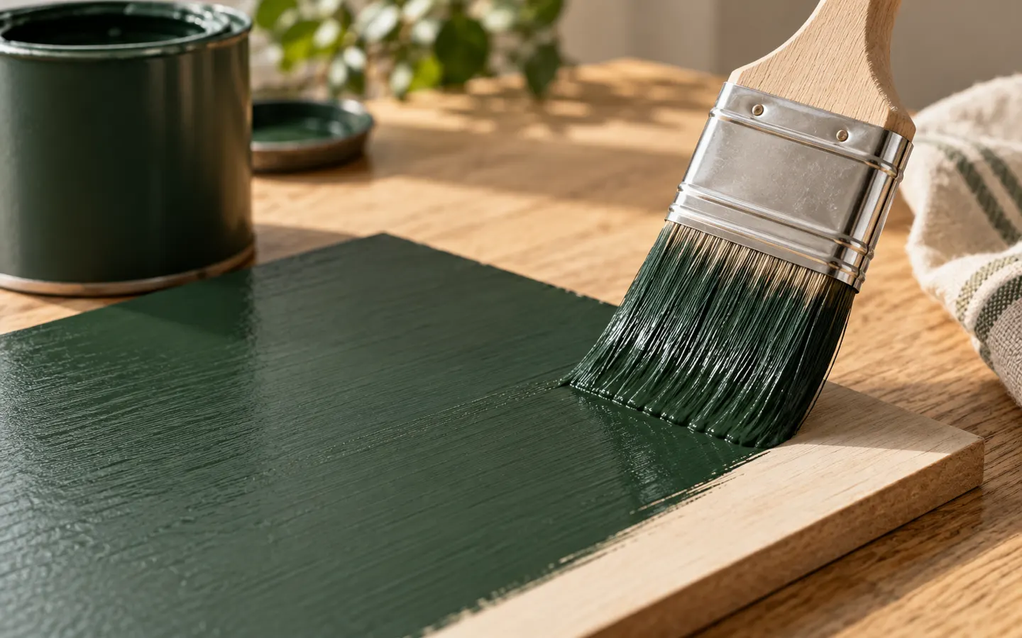 KI-Detailbild: Pinsel trägt grüne Farbe auf ein Holzstück auf